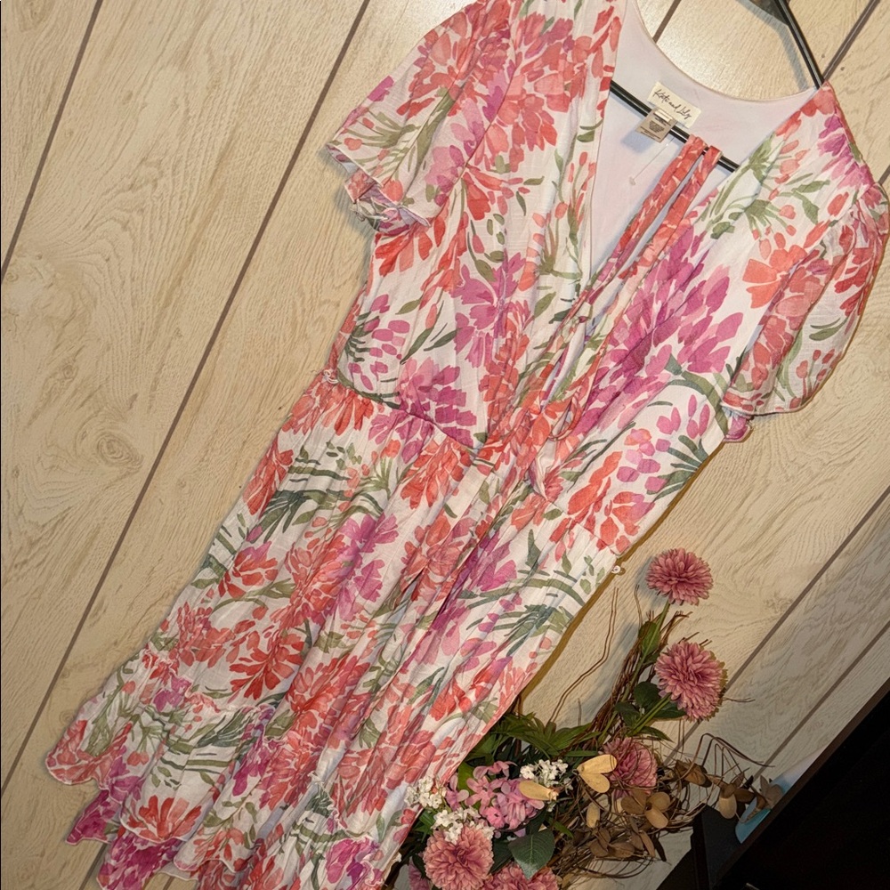 Kate and Lily Pink & Coral Floral Maxi Dress with Flutter Sleeves
